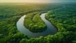 Aerial view of a winding river through a dense green forest, soft tones, fine details, high resolution, high detail, 32K Ultra HD, copyspace