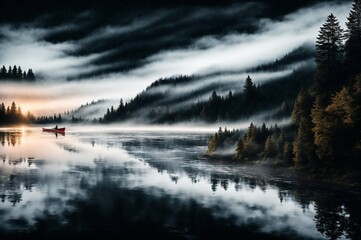  A red canoe sits in a lake surrounded by trees