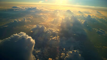 A Breathtaking Aerial View Captured From A Plane Flying High Above The Earth, With Majestic Clouds Swirling Below And The Sun Casting Golden Rays Across The Horizon