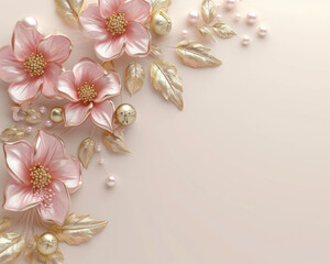 Wall Mural - 3D Beautiful spring pink flower with golden leavs and pearls on decorative background as wallpaper illustration with copy space, Elegant Pink Gold Flower Frame