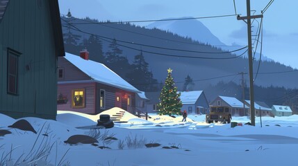 Canvas Print - A cozy winter scene featuring a quaint village blanketed in snow, with twinkling lights adorning the