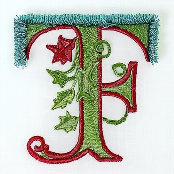 A green and red embroidered letter f