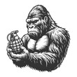 gorilla with grenade, blending wildlife with human conflict themes sketch engraving generative ai fictional character vector illustration. Scratch board imitation. Black and white image.