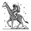 astronaut mounted on a giraffe against a backdrop of stars and planets sketch engraving generative ai fictional character vector illustration. Scratch board imitation. Black and white image.