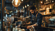 A skilled barista expertly preparing delicious coffee beverages with precision and artistry in a cozy café.