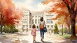 A charming watercolor painting of children walking to school surrounded by the beauty of autumn, with the school building in the background.