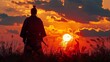 Back view of a samurai warrior standing in the sunset with dramatic clouds.