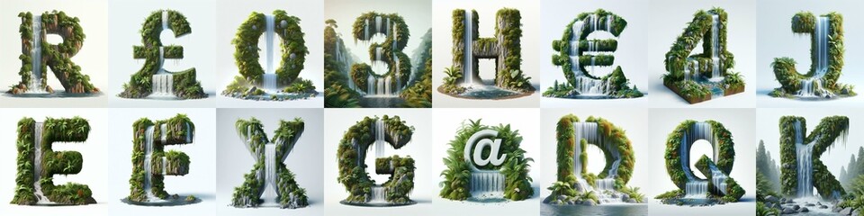 waterfall and lush lettering. AI generated illustration