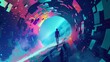 Figure standing in front of a colorful digital vortex. Abstract cyber tunnel artwork.