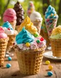 A vibrant collection of ice cream cones, each overflowing with different flavors and toppings, captured in a rustic outdoor setting that underscores the joy of summer treats
