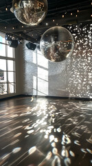 Wall Mural - A large room with two large silver disco balls hanging from the ceiling. The room is empty and the disco balls are reflecting the light from the sun