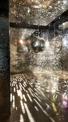 Wall Mural - A room with a disco ball hanging from the ceiling. The room is dimly lit and the disco ball is the main focus