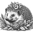 hedgehog surrounded by flowers and berries, perfect for botanical themes sketch engraving generative ai vector illustration. Scratch board imitation. Black and white image.