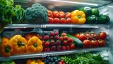 Fototapeta Natura - Abundant array of fruits and vegetables in a fridge