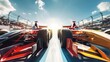 Intense Formula One race moment with two cars speeding side by side on a racetrack, capturing motion and competition under a clear sky.
