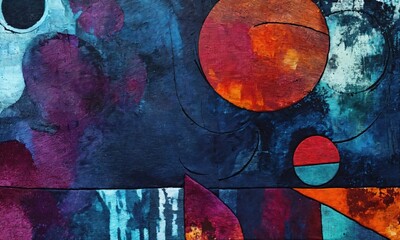 Wall Mural - Abstract deep hues painting with grunge texture and geometric shapes. Contemporary painting. Modern poster for wall decoration