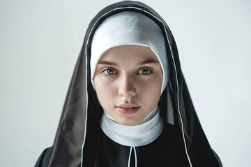 Wall Mural - Young nun on white background