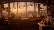 Intimate and warm coffee shop interior with a beautiful view of the urban sunset landscape