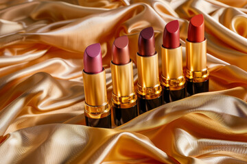 A row of five lipsticks are displayed on a gold background