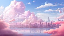 The Skyline Of A City Enveloped In Surreal Pink Clouds Evokes A Dreamy Atmosphere