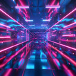 A neon colored room with a blue ceiling and pink walls. The room is lit up with neon lights and has a futuristic feel to it