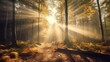 Sunbeam symphony: Nature's beauty unfolds as the sun's rays dance through the misty woods at dawn.
