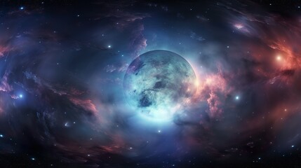 Wall Mural - A beautifully rendered space scene featuring a glowing blue planet amidst a cosmic nebula, evoking wonder and exploration