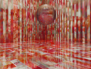 Wall Mural - A red room with a large ball in the center. The ball is surrounded by red stripes and the room is filled with red and white colors. The room has a modern and abstract feel to it