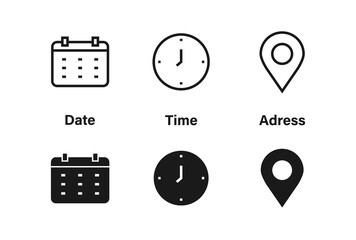 Time, date, address - location, contact - line icon set with editable stroke. Vector illustration.