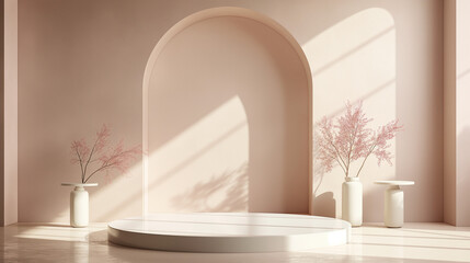 A minimal and elegant podium for product display with a beige background, a beige wall with an arch