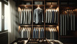 Part of a luxurious men's wardrobe, sorted by color and material and hung on special hangers in a beautifully designed closet. Chic men's wardrobe.