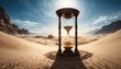 A solitary hourglass amidst vast dunes, symbolizing the relentless passage of time against the backdrop of an endless desert and clear skies.