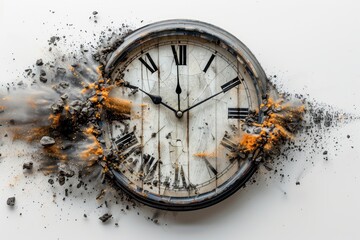 Time running out, wall clock disintegrating, white background