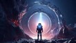 A lone astronaut stands before an immense luminous cosmic gateway on a desolate, rocky alien landscape under starry sky