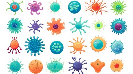 A colorful collection displaying cute, anthropomorphized virus characters in pastel shades, ideal for educational and creative projects