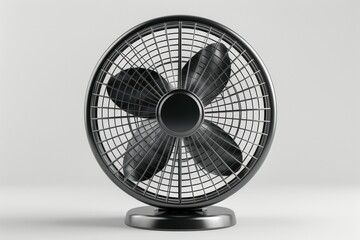 Wall Mural - A black fan with three blades sits on a white surface. Summer heat concept