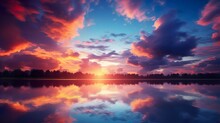 Serene Sunset Over A Quiet Lake Lined With Trees, Where Fluffy Clouds Reflect In The Still Water