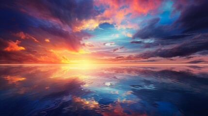 Striking image exhibiting the serene ocean beneath a dramatic sky painted with fiery sunset hues, reflecting on gentle waters