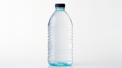 Wall Mural - A neatly presented empty plastic water bottle with grooved texture, placed against a pure white backdrop