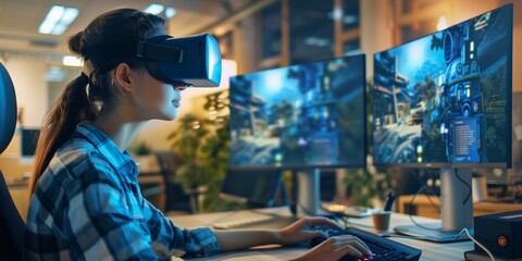Woman video games designer working in studio