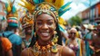 Woman in Colorful Headdress Smiles for Camera