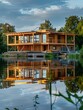 A modern wood frame house under construction on a lakeside, reflections in the water at dawn, serene , low texture