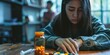 Anti drug, drug addict asian young woman, girl hand reaching for syringe, medicament with narcotic on table at home, abuse overdose.