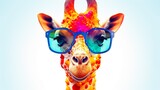 Fototapeta  - Pop art style image of a giraffe's face with stylish sunglasses, symbolizing playfulness and novelty