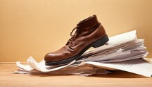 A brown leather shoe steps atop an unorganized heap of papers against a tan background, depicting concepts of pressure and overwhelm.
