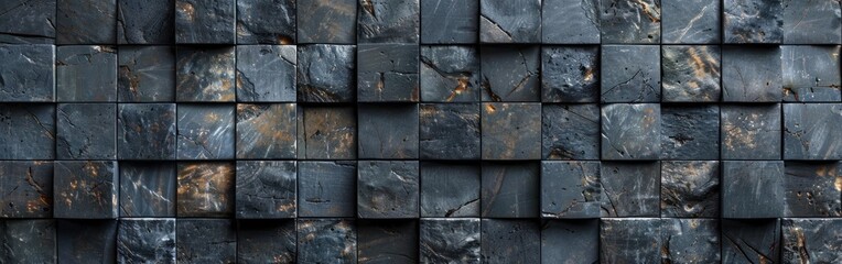 Wall Mural - Dark Stone Mosaic Tile Texture: Anthracite Cement Tiles with Square Cubes, Panoramic Banner for Backgrounds, Seamless Pattern