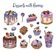 drawn illustration, Desserts with Berries
 isolated on a white background. Sweets cake with berries and fruits, chocolate. Ice cream, cake. delicious desserts with fruit fillings