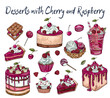 drawn illustration, Desserts with Cherry and Raspberry isolated on a white background. Sweets cake with berries and fruits, chocolate. Ice cream, cake. delicious desserts with fruit fillings