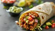 Delicious burrito with chicken, vegetables, avocado, and salsa wrapped in a Mexican cuisine-inspired tortilla