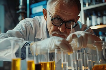 
Portrait of busy concentrated middle aged male scientist in white lab coat, gloves analysing, looking at test tubes with liquid in his arm at the laboratory